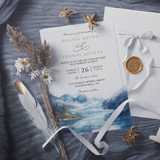 Invitation Rustic Mountains Lake Montana QR Code Wedding
