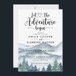 Invitation Rustic Mountains Mariage d'aquarelle de forêt<br><div class="desc">Elégante aquarelle rustique montagnes et la scène de la forêt, avec des arbres bleus et verts luxuriants et des montagnes avec un texte écrit : laissez l'aventure commencer. Pour ceux qui aiment une ambiance de rêve romantique boisée pour leur cérémonie et célébration. Pour voir la collection complète des matériaux correspondants...</div>