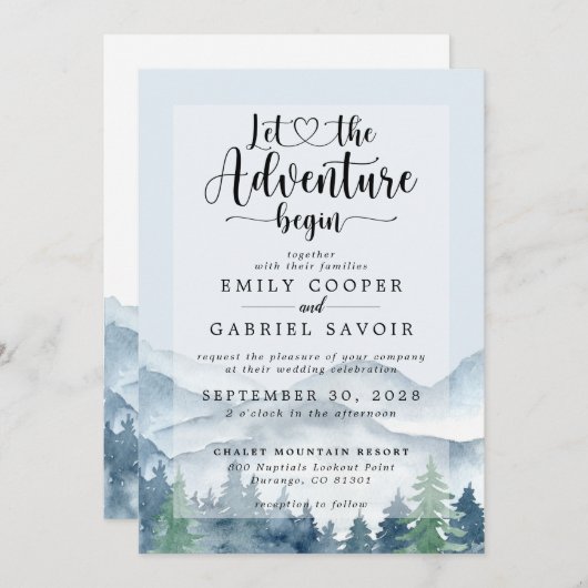 Invitation Rustic Mountains Mariage d'aquarelle de forêt (Devant / Derrière)