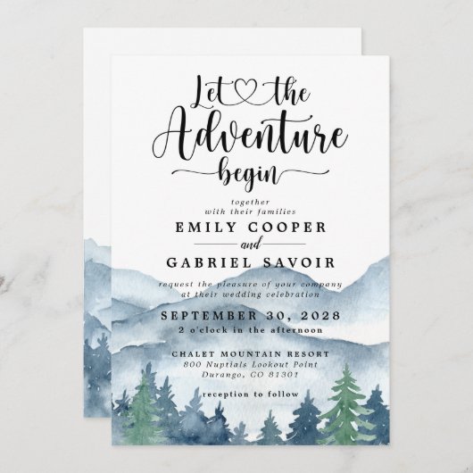 Invitation Rustic Mountains Mariage d'aquarelle de forêt (Devant / Derrière)