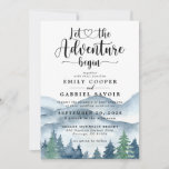 Invitation Rustic Mountains Mariage d'aquarelle de forêt<br><div class="desc">Elégante aquarelle rustique montagnes et la scène de la forêt, avec des arbres bleus et verts luxuriants et des montagnes avec un texte écrit : laissez l'aventure commencer. Pour ceux qui aiment une ambiance de rêve romantique boisée pour leur cérémonie et célébration. Pour voir la collection complète des matériaux correspondants...</div>