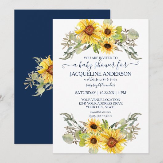 Invitation Rustic Navy Baby shower floral de tournesol bleu (Devant / Derrière)