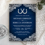 Invitation Rustic Navy Bleu Grange Bois fer à cheval Mariage<br><div class="desc">Éblouissez vos invités avec ce faire-part de mariage à thème occidental avec de beaux fer à cheval et de la dentelle blanche sur un arrière - plan rustique en bois de grange. Ajoutez simplement les détails de votre événement sur ce modèle facile à utiliser pour en faire une invitation unique....</div>