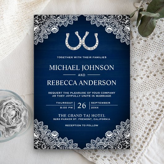 Invitation Rustic Navy Bleu Grange Bois fer à cheval Mariage 