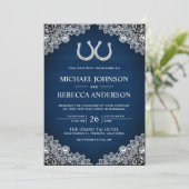 Invitation Rustic Navy Bleu Grange Bois fer à cheval Mariage  (Debout devant)