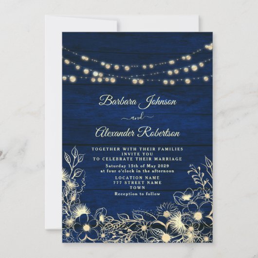 Invitation Rustic Navy Bleu String éclaire le Mariage floral (Devant)
