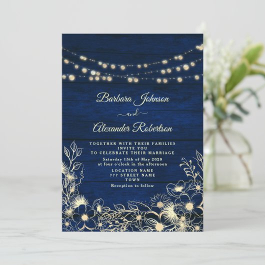 Invitation Rustic Navy Bleu String éclaire le Mariage floral (Debout devant)