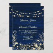 Invitation Rustic Navy Bleu String éclaire le Mariage floral (Devant / Derrière)