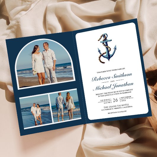 Invitation Rustic Navy Blue Anchor Rope Photo QR Code Wedding