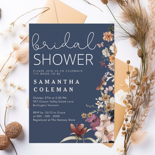Invitation Rustic Navy Blue Boho Wildfolwer Fête des mariées