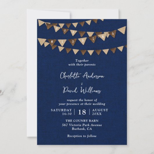 Invitation Rustic Navy Blue Burlap Bunlap Mariage (Devant)