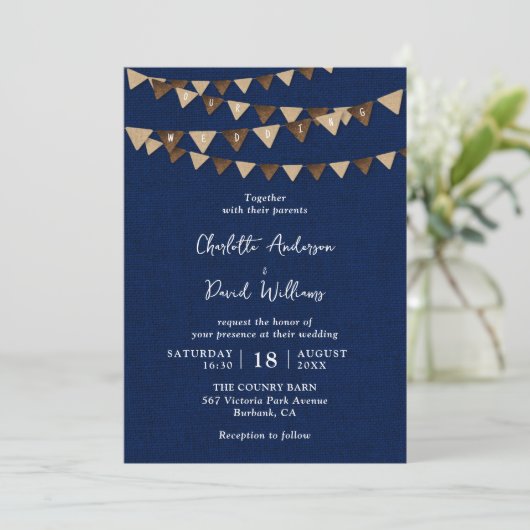 Invitation Rustic Navy Blue Burlap Bunlap Mariage (Debout devant)