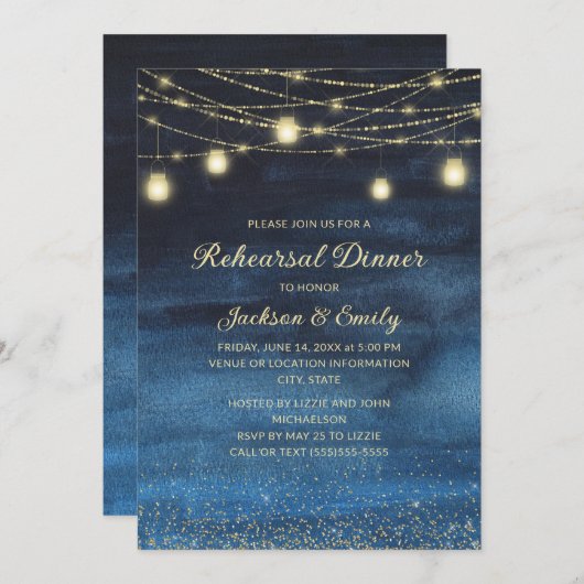 Invitation Rustic Navy Blue Gold String Lights (Devant / Derrière)