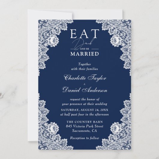 Invitation Rustic Navy Blue Manger Boire et être marié Mariag (Devant)