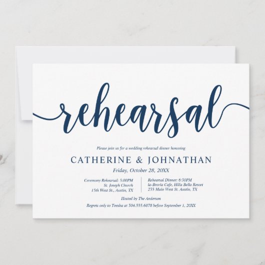 Invitation Rustic Navy Blue, répétition Mariage et dîner (Devant)