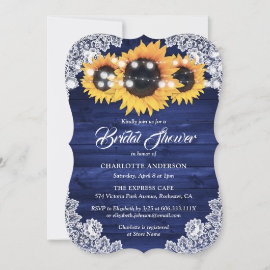 Invitation Rustic Navy Blue Wood Lace Sunflower Bridal Shower (Devant)