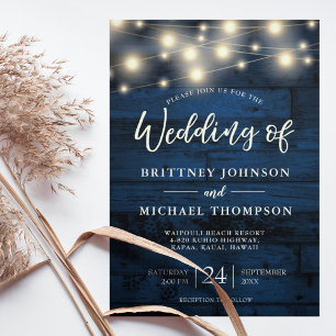 Invitation Rustic Navy Blue Wood String Lights Wedding