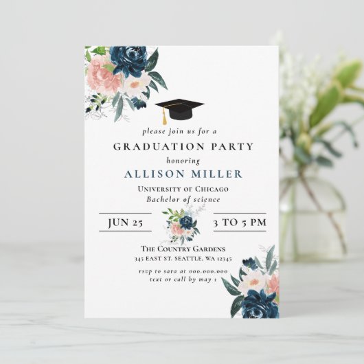 Invitation Rustic Navy Blush Floral Botanical Graduation (Debout devant)