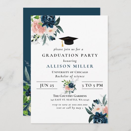 Invitation Rustic Navy Blush Floral Botanical Graduation (Devant / Derrière)
