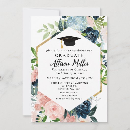 Invitation Rustic Navy Blush Floral Botanical Graduation (Devant)