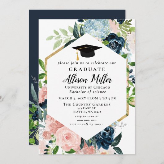 Invitation Rustic Navy Blush Floral Botanical Graduation (Devant / Derrière)