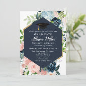 Invitation Rustic Navy Blush Floral Botanical Graduation (Debout devant)