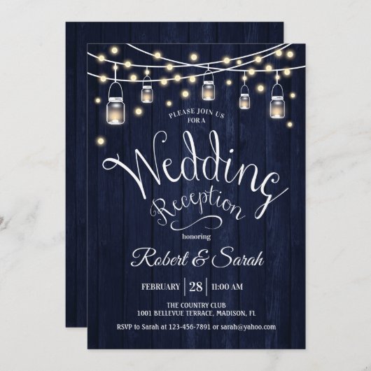Invitation Rustic Navy Bois & Lumières Réception de mariage (Devant / Derrière)