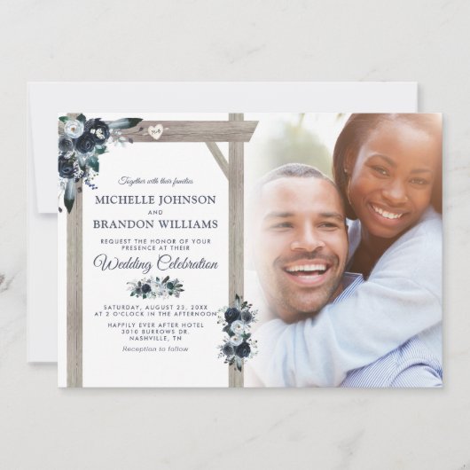 Invitation Rustic Navy & Dusty Blue Floral Mariage photo (Devant)