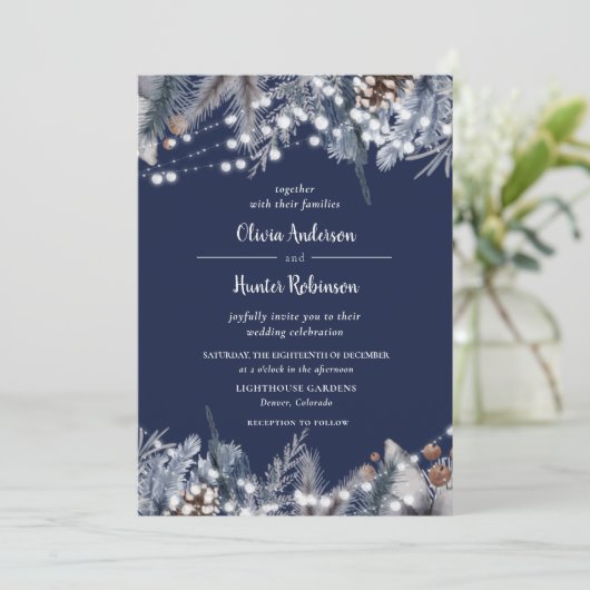 Invitation Rustic Navy Éclairage Chaîne Hiver Mariage Invitat (Debout devant)