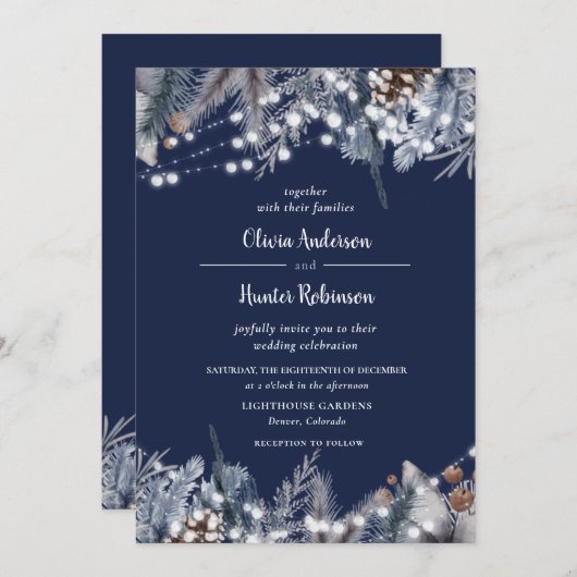 Invitation Rustic Navy Éclairage Chaîne Hiver Mariage Invitat (Devant / Derrière)