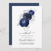 Invitation Rustic Navy et Silver Floral Mariage virtuel (Devant / Derrière)