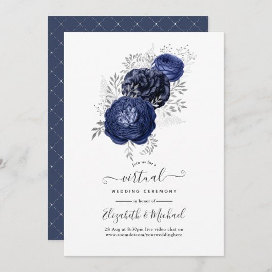 Invitation Rustic Navy et Silver Floral Mariage virtuel (Devant / Derrière)
