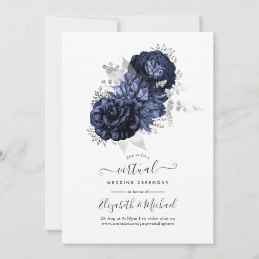 Invitation Rustic Navy et Silver Floral Mariage virtuel (Devant)