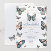 Invitation Rustic Navy & Pink Butterfly Party (Devant / Derrière)