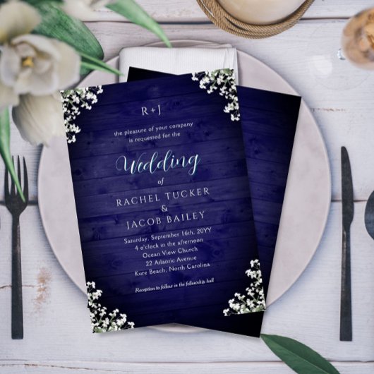 Invitation Rustic Navy Wood Baby's Breath Floral Wedding