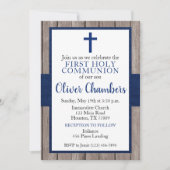 Invitation Rustic Navy & Wood Boy First Holy Communion (Devant)