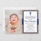 Invitation Rustic Navy & Wood Boy Photo Baptême (Devant)
