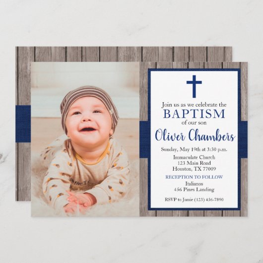 Invitation Rustic Navy & Wood Boy Photo Baptême (Devant / Derrière)