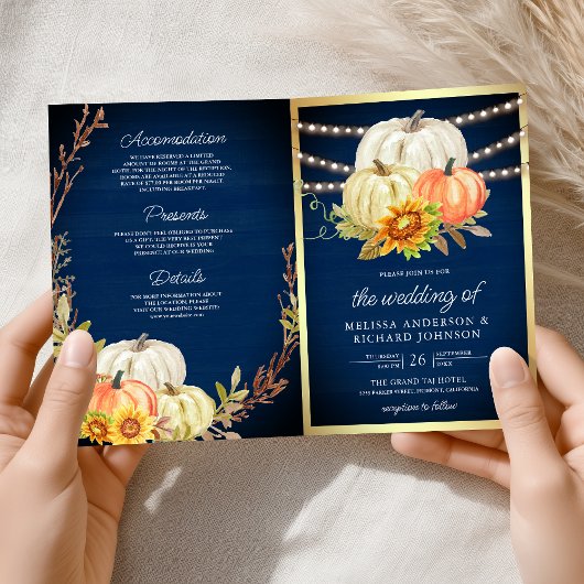Invitation Rustic Navy Wood Sunflower Pumpkin QR Code Wedding