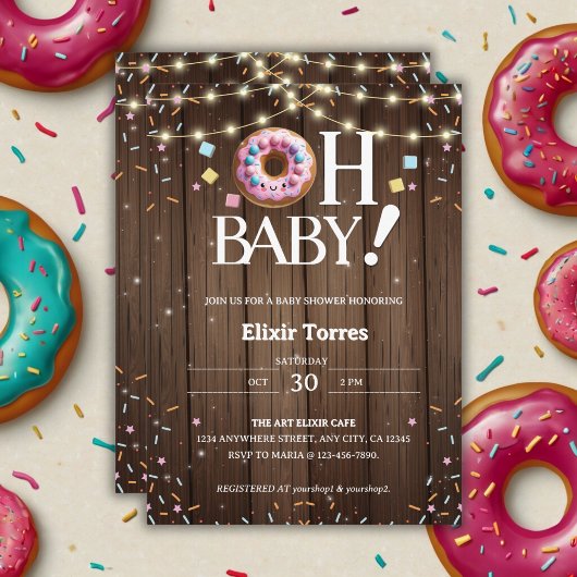 Invitation Rustic Oh Baby Donut & Sprinkle Kawaii Baby Shower