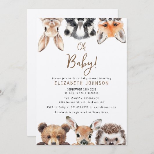 Invitation Rustic Oh Baby Forest Baby shower d'animaux de boi (Devant / Derrière)
