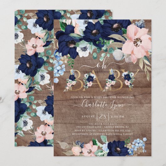 Invitation Rustic Oh Baby Marine Bleu Blush Baby shower flora (Devant / Derrière)