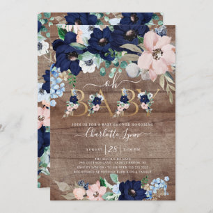 Invitation Rustic Oh Baby Marine Bleu Blush Baby shower flora