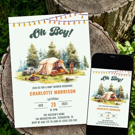 Invitation Rustic Oh Boy Camping Baby shower Party