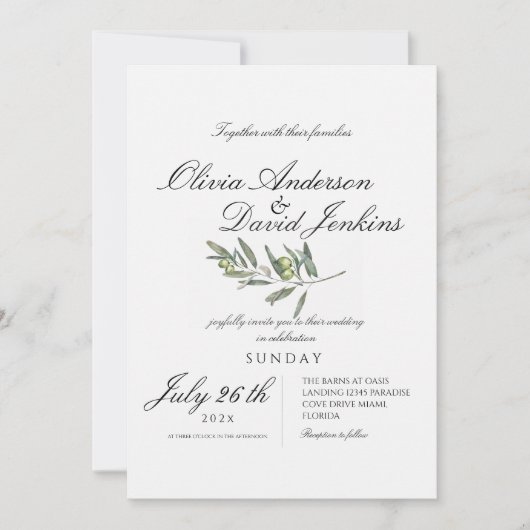 Invitation Rustic Olive Mariage Script photo Mariage élégant (Devant)