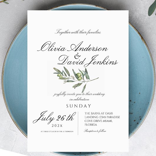 Invitation Rustic Olive Mariage Script photo Mariage élégant