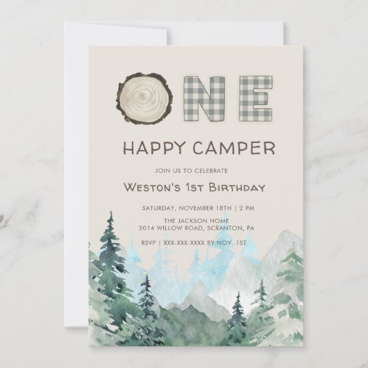 Invitation Rustic One Happy Camper Anniversaire (Devant)
