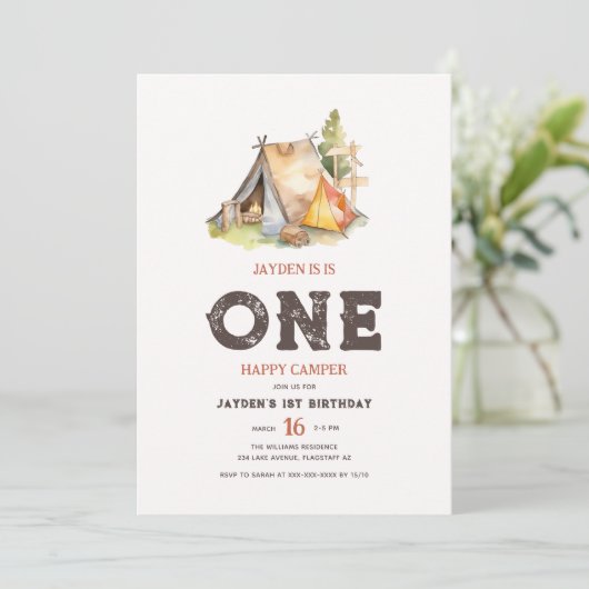 Invitation Rustic One Happy Camper Anniversaire (Debout devant)