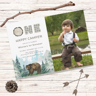 Invitation Rustic One Happy Camper Photo Anniversaire