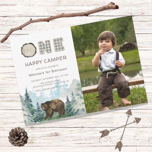 Invitation Rustic One Happy Camper Photo Anniversaire